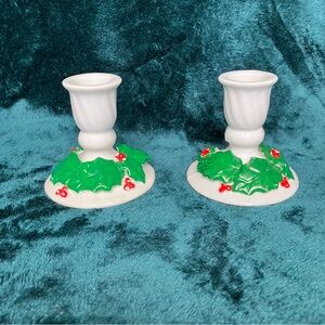 Vintage Lillian Vernon Christmas holly berry ceramic candle holders (2)